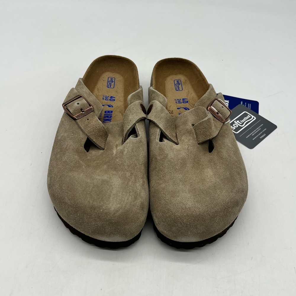 Birkenstock Boston Women 9 Men 7 Narrow Taupe Suede Clogs Slip On Shoes - Picture 4 of 16